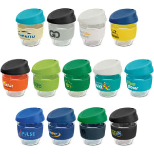 A drink bottle assortment featuring various colours and designs of the Nova Cup - Borosilicate 250ml, each with a lid and branding.