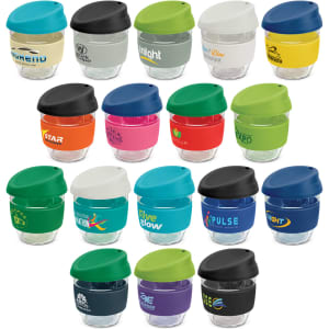 A set of various drink bottles featuring coloured lids and transparent borosilicate bodies, showcasing different designs and logos.