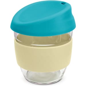 A drink bottle made of clear borosilicate glass with a teal lid and a beige silicone sleeve. It features a logo.