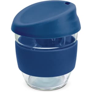 A drink bottle made of clear borosilicate glass with a navy silicone grip and lid. It has a sleek design.