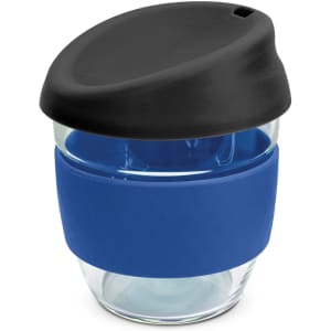 A drink bottle featuring a clear borosilicate body with a blue silicone sleeve and a black lid. It has a logo on the side.