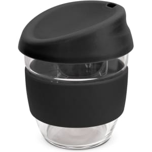 A drink bottle made of clear borosilicate glass with a black silicone lid and sleeve, featuring a branding logo.
