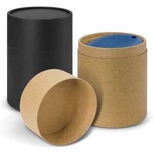Three cylindrical containers in black and brown, one with a blue lid, designed for packaging a product.