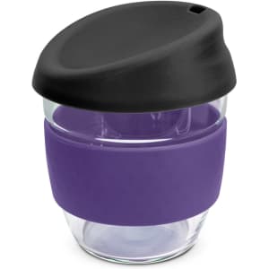 A drink bottle with a borosilicate glass body, featuring a purple silicone sleeve and a black lid.
