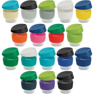 A drink bottle collection featuring various colours, including grey, green, orange, and purple, with clear borosilicate glass.