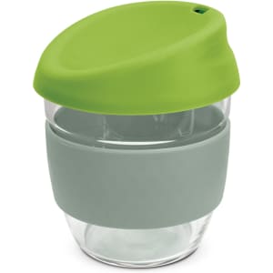 A drink bottle featuring a clear borosilicate glass body with a green lid and grey silicone sleeve.