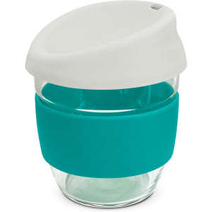 A drink bottle with a clear borosilicate glass body, teal silicone band, and a white lid. It features a branding logo.