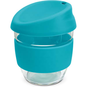 A drink bottle made of borosilicate glass, featuring a teal silicone lid and band. It has a sleek design.