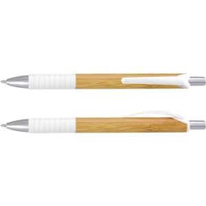 A bamboo pen with silver accents and a white grip, featuring a clip and a minimalist design.