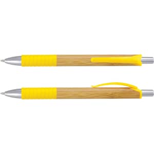 A bamboo pen with a yellow grip and clip, featuring a silver metal tip and accents. It has a branding logo.