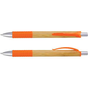 A bamboo pen with silver and bright orange accents, featuring a textured grip and a clip. The pen has a logo.
