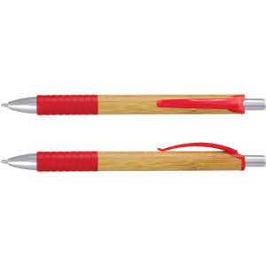 A bamboo pen featuring a silver tip and red accents, including a grip and clip. The pen has a logo.