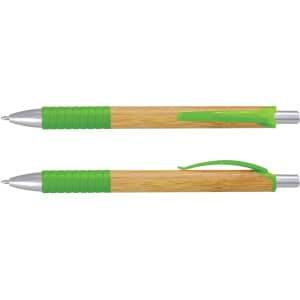 A bamboo pen with silver accents and bright green grip and clip sections. The pen features a logo.