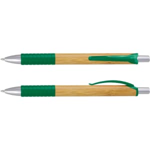 A bamboo pen featuring a metal tip and green accents. The pen has a textured grip and a logo on the barrel.