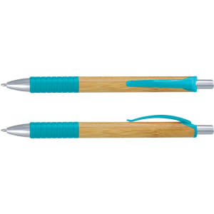 A bamboo pen featuring a silver tip and turquoise accents. It includes a textured grip and a clip.