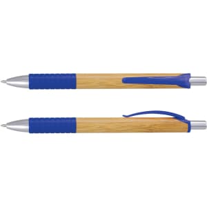 A bamboo pen with blue accents and a silver tip, featuring a textured grip and branding.