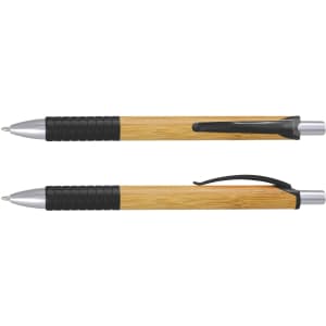 A bamboo pen in light brown and silver, featuring a grip and clip. It has a logo on the side.