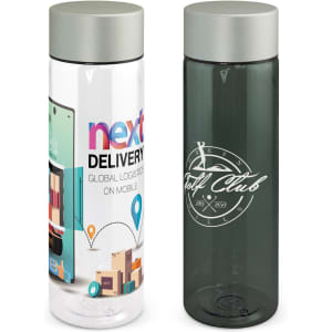 A drink bottle with a clear body, silver lid, and branding, featuring a green and blue design on one side.