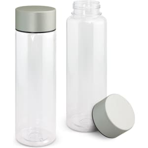 A drink bottle in clear plastic with a textured light grey lid and a removable cap.