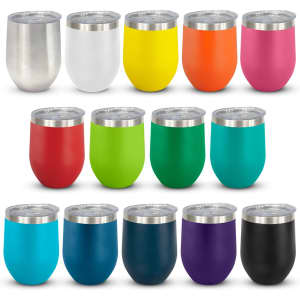 A drink bottle collection featuring various colours: silver, white, yellow, orange, pink, red, green, turquoise, dark teal, purple, and black, with lids.
