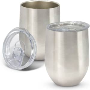 A drink bottle set featuring two stainless steel vacuum cups with a brushed silver finish and clear lids.