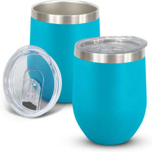 A drink bottle set in turquoise with stainless steel rims and clear lids. Includes two insulated cups.