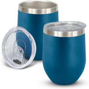 A drink bottle featuring a powder-coated turquoise exterior, stainless steel rim, and a lid with a clear opening.