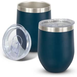 A drink bottle duo featuring dark teal powder-coated exterior and silver stainless steel rim, with a clear lid.