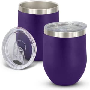 A drink bottle with a powder-coated purple exterior and a stainless steel top, featuring a clear lid.