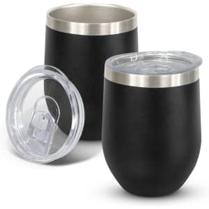 A drink bottle featuring a powder-coated black finish, with a stainless steel rim and a clear lid.