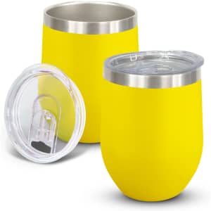 A drink bottle set featuring two yellow vacuum cups with stainless steel rims and clear lids.