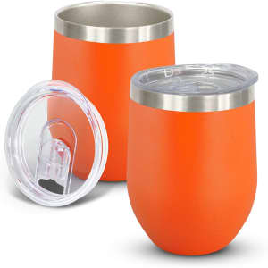 A drink bottle set featuring two orange vacuum cups with stainless steel rims and clear lids.