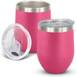 A drink bottle set featuring two pink vacuum cups with stainless steel rims and clear lids.