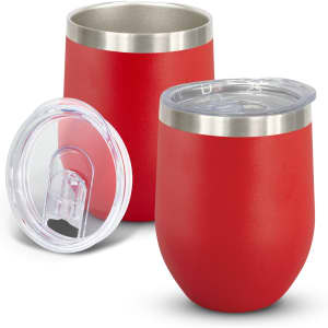 A drink bottle set featuring two red powder-coated vacuum cups with stainless steel rims and clear lids.