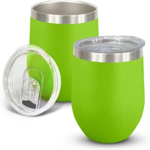 A drink bottle in bright green with a stainless steel base and a clear lid, featuring a logo.