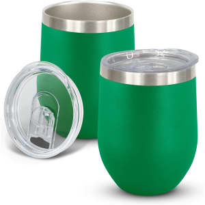 A drink bottle set featuring two green vacuum cups with stainless steel rims and clear lids.