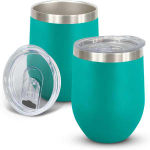 A drink bottle featuring a turquoise powder-coated finish, stainless steel rim, and a clear lid. Two cups are displayed.