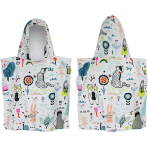 A hooded towel featuring playful animal illustrations in pastel colours, with a pattern of trees and flowers.