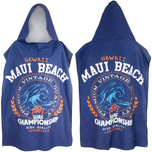 A blue adult hooded towel featuring a wave design and text related to Maui Beach and surfing. It has a hood.