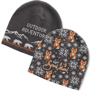 A custom knitted beanie featuring a grey mountain design and a pattern of orange foxes against a darker background.