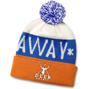 A custom knitted beanie with a blue and white top, orange cuff, and a pom-pom on top. It features a logo.