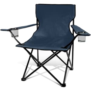 A folding chair in navy blue with cup holders on each armrest, featuring a black frame.