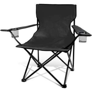 A black folding chair with a lightweight frame and drink holders on both armrests, featuring a simple design.