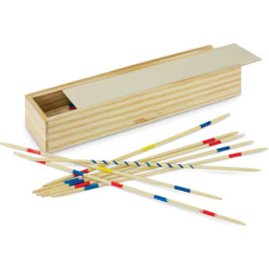 A wooden box containing colourful pick-up sticks scattered around, featuring red, blue, and yellow stripes.