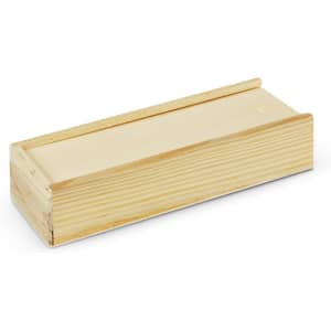 A wooden box with a smooth, light timber finish, featuring a sliding top and a small hole on one side.