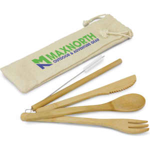 A bamboo cutlery set including a fork, knife, spoon, and a straw, packaged in a natural-coloured pouch with a logo.