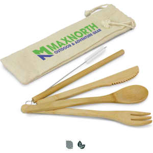 A bamboo cutlery set featuring a fork, knife, spoon, and cleaning brush, stored in a natural-coloured pouch with a logo.