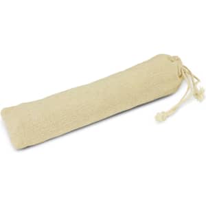 A bamboo cutlery set in a natural-coloured, drawstring linen pouch. The pouch is simple and eco-friendly.