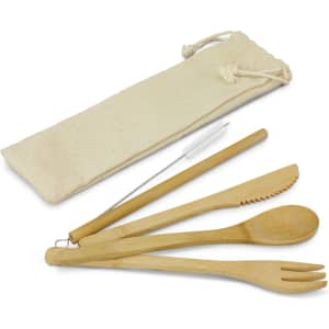 A bamboo cutlery set featuring a fork, knife, spoon, and a straw, stored in a natural fabric pouch.
