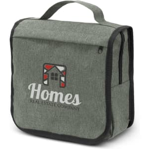 A green Knox toiletry bag with a front pocket and a handle, featuring a logo on the front.